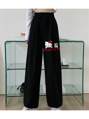 Touz Moda Hello Kitty Baskılı Oversize Unisex Siyah Eşofman Altı