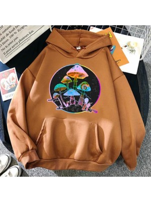 Kids Face Kapşonlu Neon Mantar Baskılı 3 İplik Şardonlu Kız Çocuk Sweatshırt