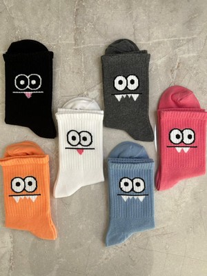 Sky Socks 6'lı Renkli Neşeli Yüz Çizgi Karakter Seti Kokulu Tenis Kolej Çorap