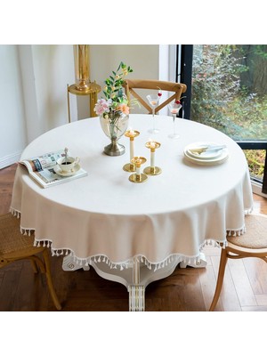 Zeren Home Püskül Detaylı Sıvı Geçirmez Yuvarlak Masa Örtüsü