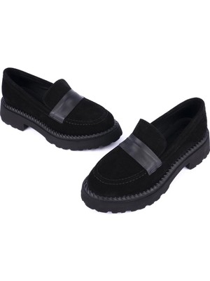 Emel Ayakkabı Hakiki Deri Rahat Termo Kaucun Leofer Ayakkabı Siyah Süet 7887