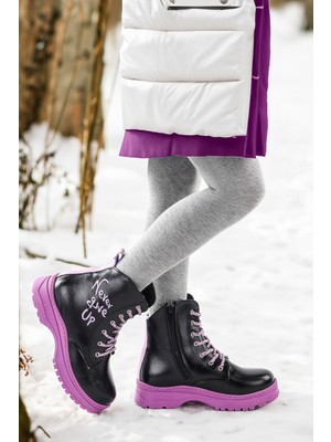 Kiko Kids Termo Taban Kız Çocuk Bot 610 Çatlak Siyah - Lila