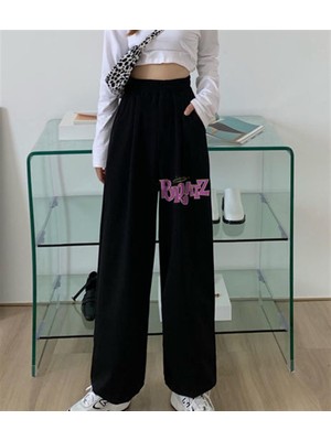 Touz Moda Y2k Bratz Baskılı Oversize Unisex Siyah Eşofman Altı