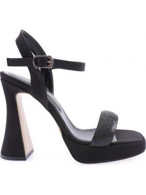 DGN Kadın Kristal Taşlı Bantlı Saten Kalın Topuklu Sandalet Siyah 38 Numara