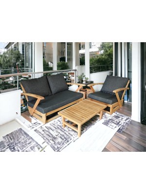 Zerka Concept Monza Bahçe Balkon Masif Kestane Ahşap Kollu Koltuk Takımı - 1 Adet Ikili 1 Adet Tekli ve Orta Sehpa Antrasit Gri