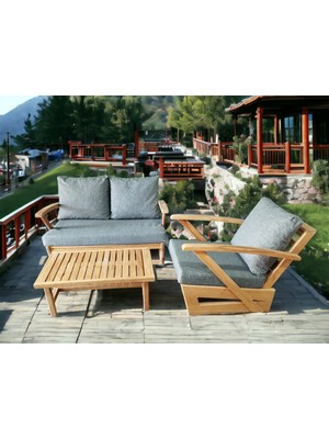 Zerka Concept Monza Bahçe Balkon Masif Kestane Ahşap Kollu Koltuk Takımı - 1 Adet Ikili 1 Adet Tekli ve Orta Sehpa Gri