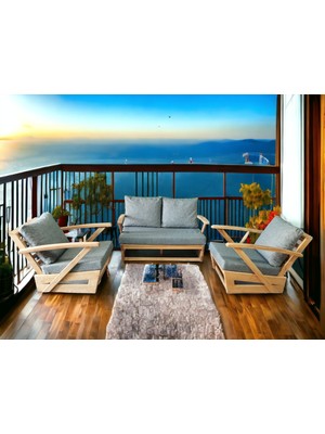 Zerka Concept Monza Bahçe Balkon Masif Kestane Ahşap Kollu Koltuk Takımı -1 Adet Ikili 2 Adet Tekli Gri