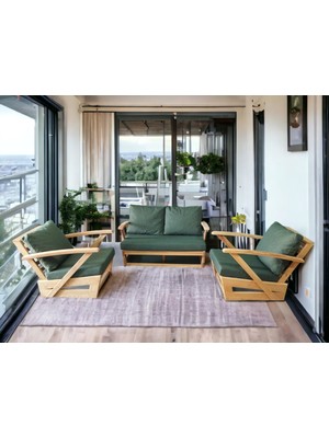Zerka Concept Monza Bahçe Balkon Masif Kestane Ahşap Kollu Koltuk Takımı - 1 Adet Ikili 2 Adet Tekli Haki Yeşil