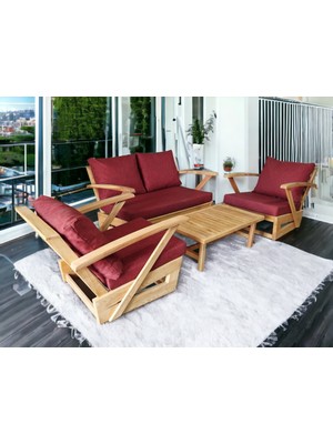 Zerka Concept Monza Bahçe Balkon Masif Kestane Ahşap Kollu Koltuk Takımı - 1 Adet Ikili 2 Adet Tekli ve Orta Sehpa Bordo