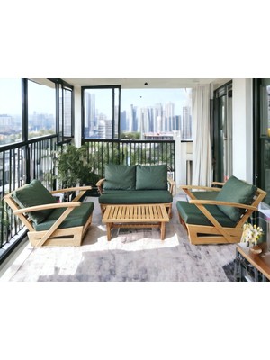 Zerka Concept Monza Bahçe Balkon Masif Kestane Ahşap Kollu Koltuk Takımı - 1 Adet Ikili 2 Adet Tekli ve Orta Sehpa Haki Yeşil