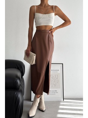 Kasheha Taba Yırtmaçlı Beli Lastikli Pensli Içi Kürk Kaplı Uzun Deri Etek - KSH00329