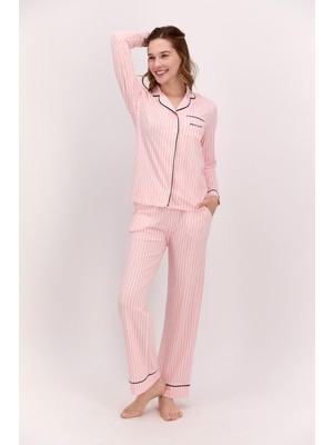 Pierre Cardin Pembe Kadın Pijama Takım, Beyaz Çizgili Pijama Takım, Mevsimlik Uzunkol Gömlek Pijama Takım