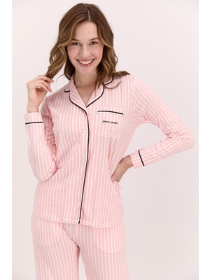 Pierre Cardin Pembe Kadın Pijama Takım, Beyaz Çizgili Pijama Takım, Mevsimlik Uzunkol Gömlek Pijama Takım