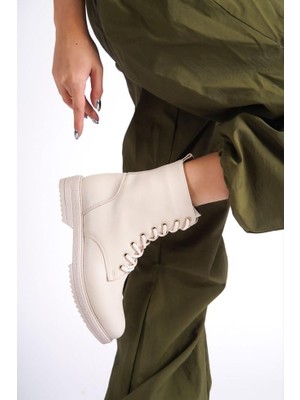 Ayakkabı Yolla Krem Bağcıklı Fermuarlı Kaymaz Taban Kadın Postal Bot