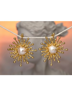 Flechazo Jewelry Güneş Motifli Doğal Incili El Yapımı Küpe