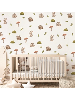 Lizpo Decor Tavşanlar, Mantarlar, Yapraklar, Komik Tavşanlar Duvar Çıkartmaları, Çocuk Odası Duvar Sticker