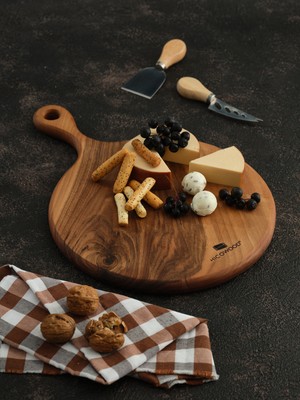 Hicowood Doğal Ceviz Yuvarlak Sunum-Kesme Tahtası (30 cm Çap)-Lazerle İsim/Söz Yazılır