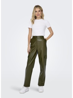 Only Yüksek Bel Normal Koyu Yeşil Kadın Pantolon Onlkım Faux Leather Cargo Pant cc O