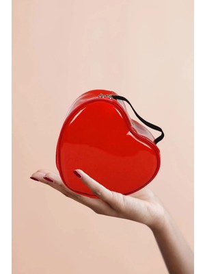 Maykis Orta Kırmızı Kalp Deri Makyaj Çantası