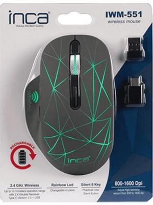 Inca IWM-551 Kablosuz Usb+Type C Şarj Edilebilir 1600DPI Mouse Sessiz
