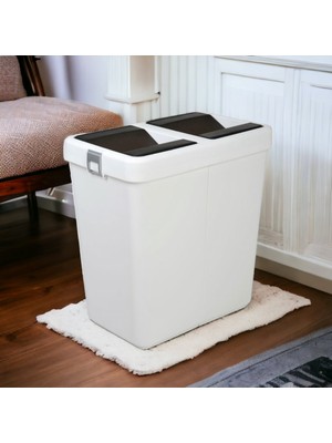 Technow Motek 80 Litre Hassas Kapaklı Çift Gözlü Geri Dönüşüm Çöp Kutusu Kovası Beyaz