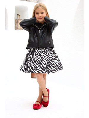 Riccotarz Kız Çocuk Zebra Desenli Etek ve Deri Ceketli Siyah Etekli Takım