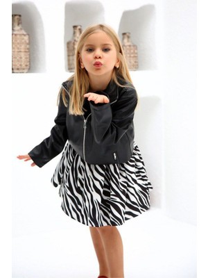 Riccotarz Kız Çocuk Zebra Desenli Etek ve Deri Ceketli Siyah Etekli Takım