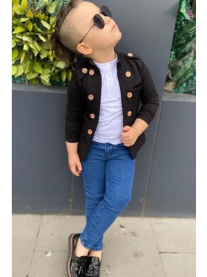 Riccotarz Erkek Çocuk Omzu ve Ceket Yakası Düğme Detaylı Cepli Blazer Ceketli Siyah Alt Üst Takım
