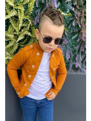 Riccotarz Erkek Çocuk Omzu ve Ceket Yakası Düğme Detaylı Cepli Blazer Ceketli Hardal Alt Üst Takım