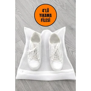 4 Adet Beyaz Fermuarlı Bölmeli Ayakkabı Yıkama Filesi Torba File