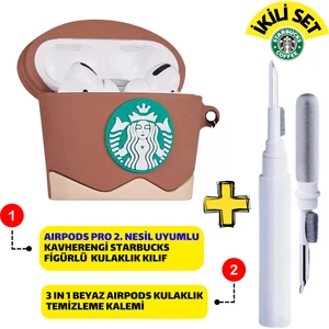 Pro 2. Nesil Uyumlu Starbucks Kahve Kulaklık Kılıfı ve Beyaz 3'ü 1 Arada Kulaklık Temizleme Kalemi