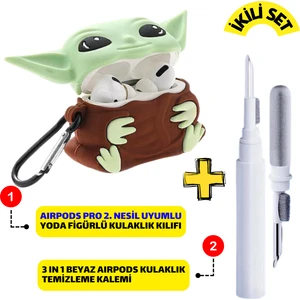 Pro 2. Nesil Uyumlu Yoda Figürlü Kulaklık Kılıfı ve Beyaz 3'ü 1 Arada Kulaklık Temizleme Kalemi