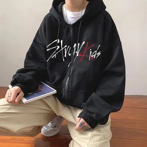 Touz Moda Stray Kids Baskılı Oversize Fermuarlı Siyah Kapüşonlu Hırka