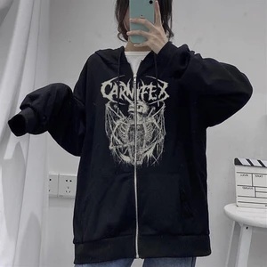 Touz Moda Carnifex Baskılı Oversize Fermuarlı Siyah Kapüşonlu Hırka