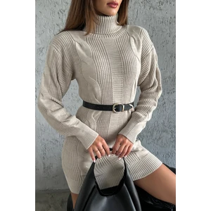 Nosia Fashion Triko Örme Desenli Vizon Mini Elbise