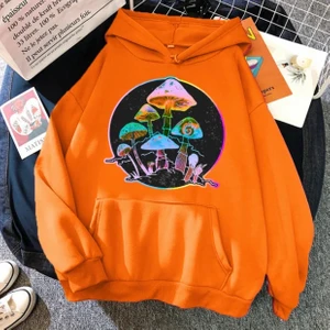 Kids Face Kapşonlu Neon Mantar Baskılı 3 İplik Şardonlu Tam Kışlık Kız Çocuk Sweatshırt