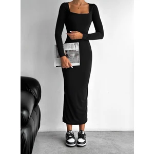 Wear And Wear Kadın Siyah Kare Yaka Esnek Uzun Kollu Maxi Uzun Elbise Günlük Basic Uzun Elbise