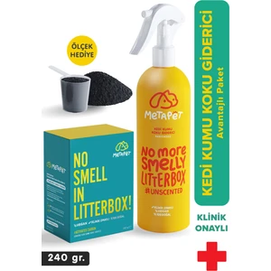 Kedi Kumu Koku Giderici Set, Kokusuz Kedi Kumu için Aktif Karbon (240 gr) ve Özel Parfümsüz Sprey