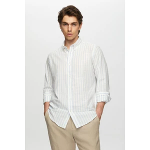 D'S Damat Slim Fit Açık Mavi Çizgili Düğmeli Yaka %100 Pamuk Flamlı Yazlık Keten Görünümlü Gömlek 0HC02ORT06265