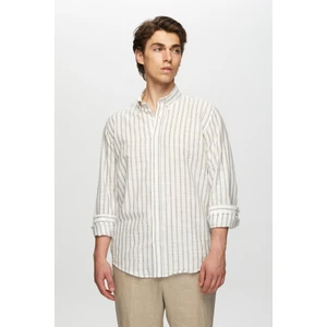 D'S Damat Slim Fit Vizon Çizgili Düğmeli Yaka %100 Pamuk Flamlı Yazlık Keten Görünümlü Gömlek 0HC02ORT06265