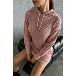 Nosia Fashion Kapüşonlu Uzun Kollu Triko Pudra Renk Elbise