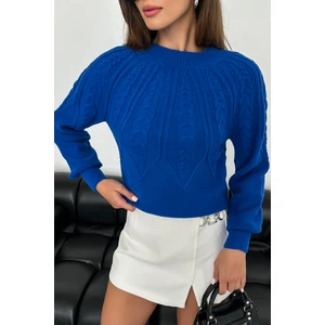 Nosia Fashion Saç Örgü Desenli Saks Mavi Triko Kazak