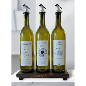 Imker Home Ahşap Stantlı Amber Cam Zeytinyağı Ayçiçek Yağı Nar Ekşisi Şişesi Seti Yağdanlık Sosluk 750ML