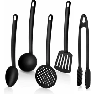 ÖzSa Home 5'li Lüx Yanmaz Yapışmaz Teflon Kaplama Servis Seti Kepçe Kevgir Spatula Kaşık Plastik Servis Takımı