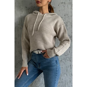 Nosia Fashion Kapüşonlu Uzun Kollu Vizon Renk Triko Kazak