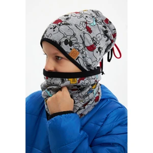 Açık Gri Erkek Çocuk Renkli Figürlü Bere Boyunluk Set Yumuşak Çift Katlı %100 Doğal Pamuklu Penye