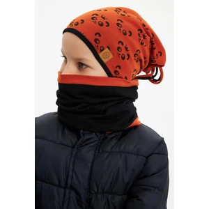 Kiremit Erkek Çocuk Panda Desenli Bere Boyunluk Set Yumuşak Çift Katlı %100 Doğal Pamuklu Penye