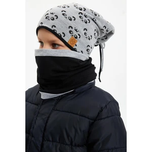 Gri Erkek Çocuk Panda Desenli Bere Boyunluk Set Yumuşak Çift Katlı %100 Doğal Pamuklu Penye