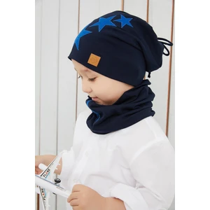 Erkek Çocuk Lacivert Mavi Yıldızlı Bere Boyunluk Set Yumuşak Çift Katlı %100 Doğal  Pamuklu Penye