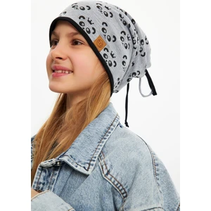 Gri Kız Çocuk Panda Desenli Şapka Bere Yumuşak Çift Katlı %100 Doğal Pamuklu Penye